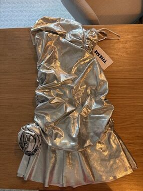 Theme Silver Metallic Ruched Cocktail Dress with Rosette